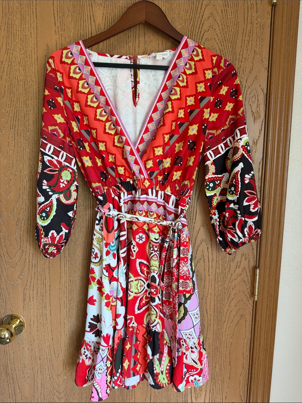 L'ATISTE Red Multicolor Geometric Floral Print Dress